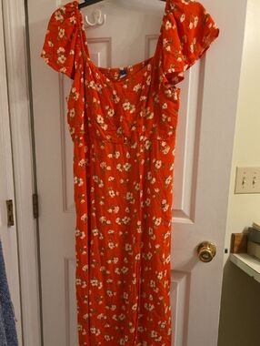 Old Navy Floral coral Midi Dress with Puff Sleeves Off The Shoulder Option